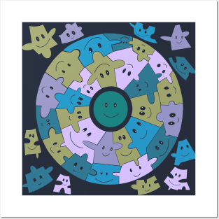 Cute Blue Smiley Face Puzzle Pieces Posters and Art